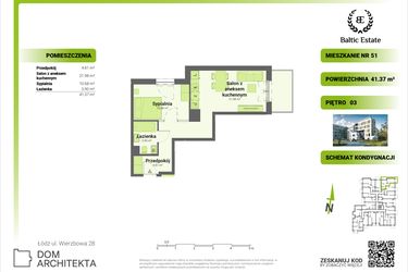 Rzut - Mieszkanie na sprzedaż 2 pokoje o powierzchni 41,37 m² - numer 03.M.51 w Dom Architekta