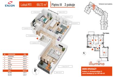 Rzut - Mieszkanie na sprzedaż 3 pokoje o powierzchni 69,72 m² - numer M011b w Illumina