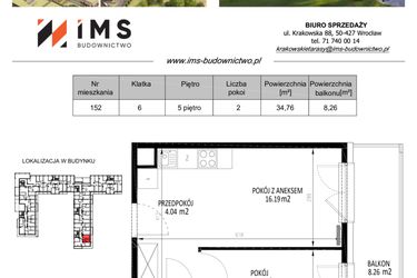 Rzut - Mieszkanie na sprzedaż 2 pokoje o powierzchni 34,77 m² - numer 152 w Krakowskie Tarasy etap V