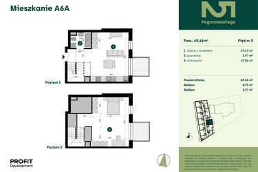 Rzut - Mieszkanie na sprzedaż 1 pokój o powierzchni 60,66 m² - numer POGO2/A/6A w Pogonowskiego 52