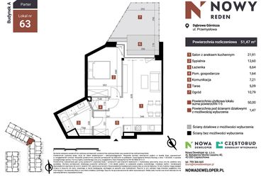 Rzut - Mieszkanie na sprzedaż 2 pokoje o powierzchni 51,47 m² - numer A63 w Nowy Reden