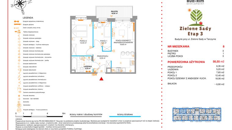 Rzut - Mieszkanie na sprzedaż 3 pokoje o powierzchni 50,55 m² - numer 8 w Zielone Sady etap III
