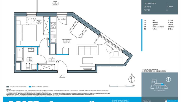 Rzut - Mieszkanie na sprzedaż 2 pokoje o powierzchni 43,38 m² - numer A.8.3 w Rakoczego 17