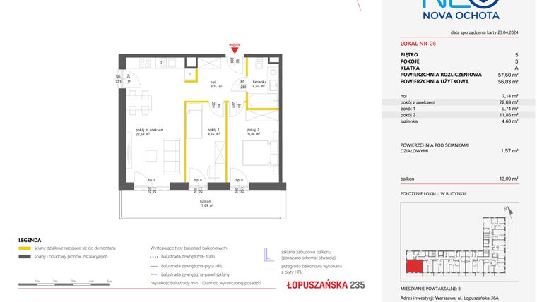 Rzut - Mieszkanie na sprzedaż 3 pokoje o powierzchni 57,6 m² - numer 26 w Neo Nova Ochota