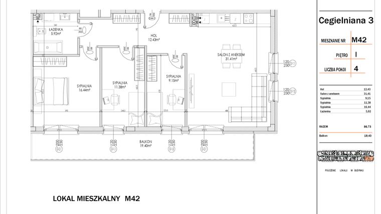 Rzut - Mieszkanie na sprzedaż 4 pokoje o powierzchni 86,73 m² - numer 42 w Osiedle StaLove etap I