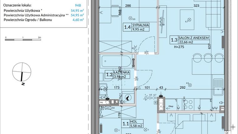 Rzut - Mieszkanie na sprzedaż 3 pokoje o powierzchni 54,95 m² - numer 94B w Osiedle Młodych etap VI