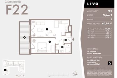 Rzut - Mieszkanie na sprzedaż 2 pokoje o powierzchni 40,99 m² - numer F22 w Livo