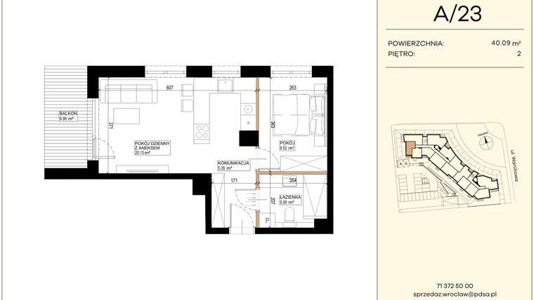 Rzut - Mieszkanie na sprzedaż 2 pokoje o powierzchni 40,09 m² - numer WA2/A/23 w Waniliowa