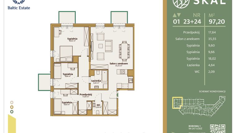 Rzut - Mieszkanie na sprzedaż 1 pokój o powierzchni 97,2 m² - numer M.23+24 w Skal