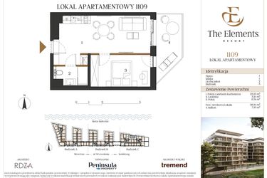 Rzut - Mieszkanie na sprzedaż 2 pokoje o powierzchni 38,34 m² - numer A1109 w The Elements Resort