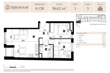 Rzut - Mieszkanie na sprzedaż 3 pokoje o powierzchni 56,62 m² - numer A.08 w Dębowa 45