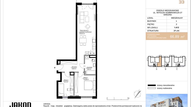 Rzut - Mieszkanie na sprzedaż 3 pokoje o powierzchni 66,89 m² - numer 1.A12 w Gombrowicza 33