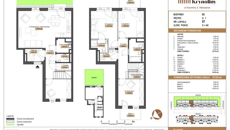 Rzut - Mieszkanie na sprzedaż 5 pokoi o powierzchni 107,09 m² - numer 07.B2 w Apartamenty Krynoliny
