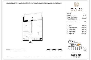 Rzut - Mieszkanie na sprzedaż 2 pokoje o powierzchni 39,06 m² - numer A.2.6 w Bałtycka Sea Park