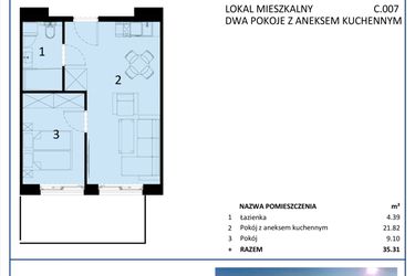 Rzut - Mieszkanie na sprzedaż 2 pokoje o powierzchni 35,31 m² - numer C.007 w Perłowa Przystań - Sianożęty - etap III