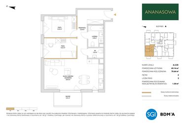 Rzut - Mieszkanie na sprzedaż 3 pokoje o powierzchni 70,66 m² - numer A.2.05 w Ananasowa