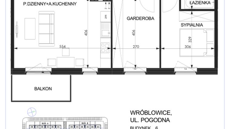 Rzut - Mieszkanie na sprzedaż 3 pokoje o powierzchni 59,4 m² - numer 6C - 3D w Zielona Lutynia