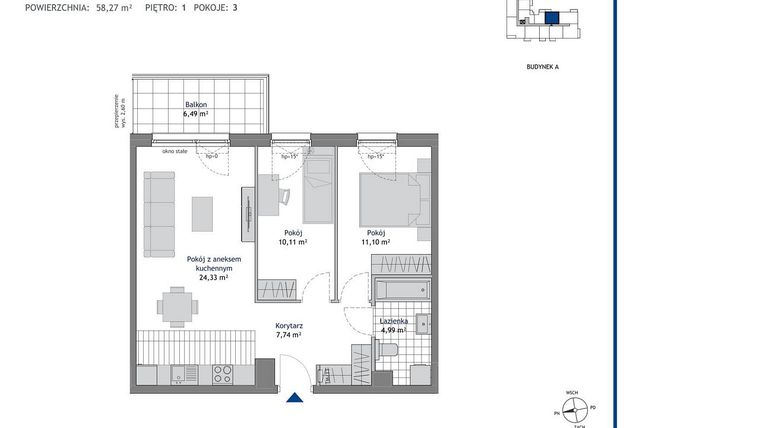 Rzut - Mieszkanie na sprzedaż 3 pokoje o powierzchni 58,27 m² - numer A.1.7 w Linea bud. A