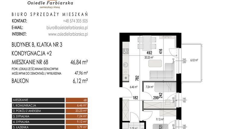 Rzut - Mieszkanie na sprzedaż 3 pokoje o powierzchni 46,84 m² - numer 68B w Osiedle Farbiarska II