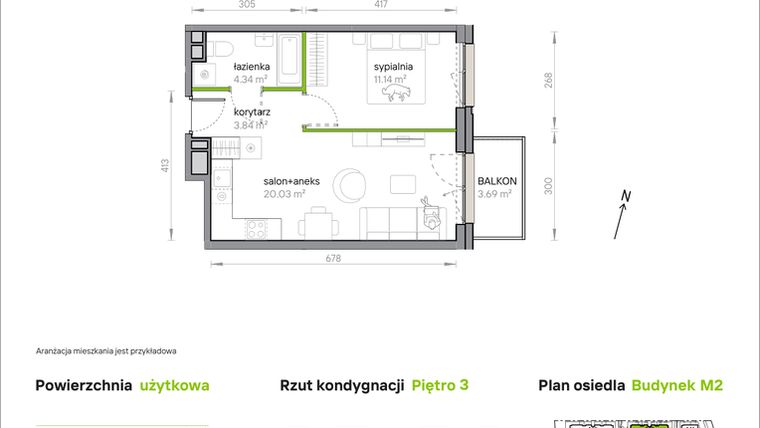 Rzut - Mieszkanie na sprzedaż 2 pokoje o powierzchni 39,35 m² - numer M2/1/3/30 w Przy Parku Vita