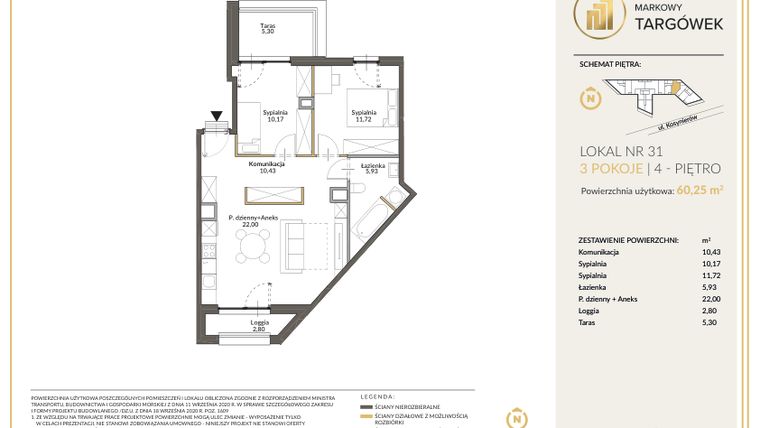 Rzut - Mieszkanie na sprzedaż 3 pokoje o powierzchni 60,33 m² - numer 31 w Markowy Targówek