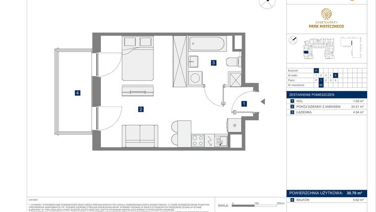 Rzut - Mieszkanie na sprzedaż 1 pokój o powierzchni 30,7 m² - numer H60 w Apartamenty Park Matecznego Etap 2.2
