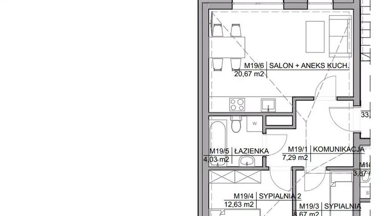 Rzut - Mieszkanie na sprzedaż 3 pokoje o powierzchni 53,29 m² - numer 19 w Kamienica Warszawska 34