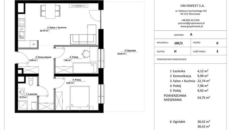 Rzut - Mieszkanie na sprzedaż 3 pokoje o powierzchni 54,75 m² - numer 10C/1 w Jasielska 8C etap II