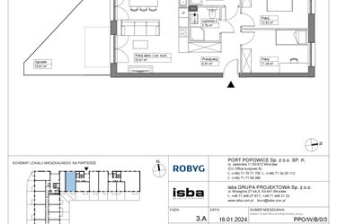 Rzut - Mieszkanie na sprzedaż 3 pokoje o powierzchni 67,42 m² - numer PPO/W/B/0/3 w Port Popowice bud. W