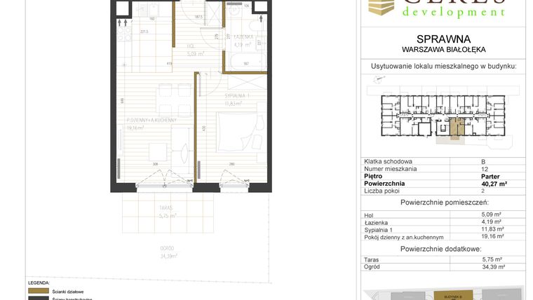 Rzut - Mieszkanie na sprzedaż 2 pokoje o powierzchni 40,27 m² - numer B12 w Osiedle Sprawna