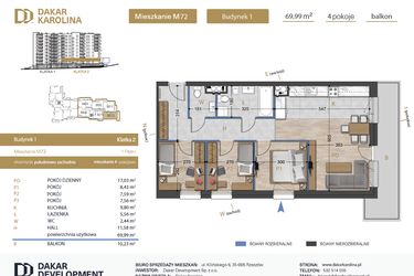 Rzut - Mieszkanie na sprzedaż 4 pokoje o powierzchni 69,99 m² - numer 72 w Osiedle Dakar Karolina