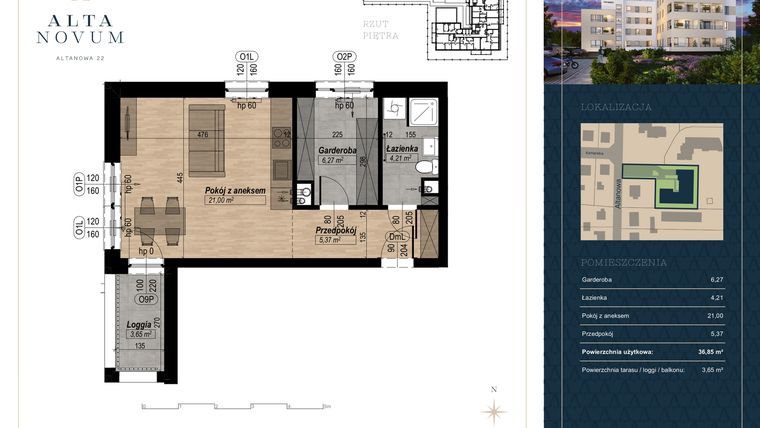 Rzut - Mieszkanie na sprzedaż 2 pokoje o powierzchni 36,85 m² - numer 1 w Alta Novum