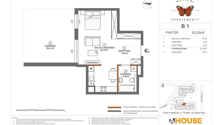 Rzut - Mieszkanie na sprzedaż 1 pokój o powierzchni 43,55 m² - numer B1 w Apartamenty Rusałki