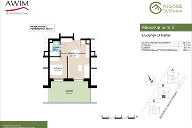 Rzut - Mieszkanie na sprzedaż 2 pokoje o powierzchni 36,09 m² - numer B5 w Wzgórze Gustawa