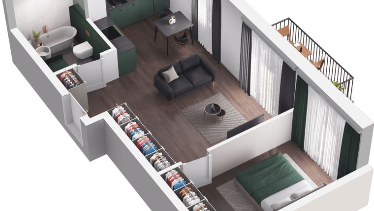 Rzut - Mieszkanie na sprzedaż 2 pokoje o powierzchni 42,62 m² - numer A5.101.M02 w Mieszkaj w mieście - Ogrody Glogera