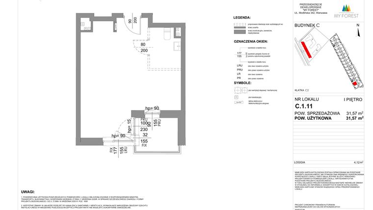 Rzut - Mieszkanie na sprzedaż 1 pokój o powierzchni 31,57 m² - numer C.1.11 w My Forest - Apartamenty inwestycyjne