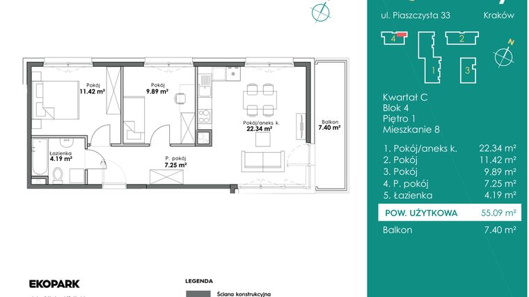 Rzut - Mieszkanie na sprzedaż 3 pokoje o powierzchni 55,09 m² - numer C4-8 w Slow City