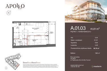 Rzut - Mieszkanie na sprzedaż 2 pokoje o powierzchni 39,78 m² - numer A.1.03 w Apollo Residence
