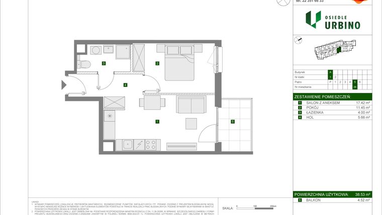 Rzut - Mieszkanie na sprzedaż 2 pokoje o powierzchni 38,53 m² - numer 5.1.A.26 w Osiedle Urbino etap 5