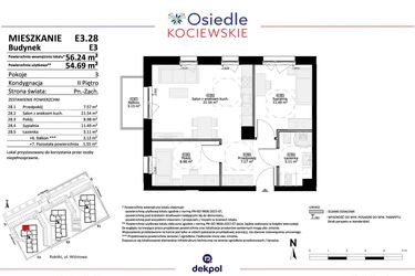 Rzut - Mieszkanie na sprzedaż 3 pokoje o powierzchni 54,69 m² - numer E3.28 w Osiedle Kociewskie bud. E