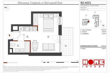 Rzut - Mieszkanie na sprzedaż 1 pokój o powierzchni 27,56 m² - numer B2-A031 w Warszawski Świt etap IX