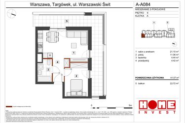 Rzut - Mieszkanie na sprzedaż 2 pokoje o powierzchni 41,07 m² - numer A-A084 w Warszawski Świt etap VII