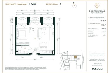 Rzut - Mieszkanie na sprzedaż 1 pokój o powierzchni 51,13 m² - numer B/5/05 w Bernardyńska 4