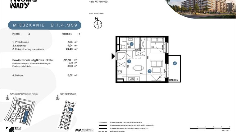 Rzut - Mieszkanie na sprzedaż 1 pokój o powierzchni 32,36 m² - numer B.1.4.M59 w Nowe Promenady etap II