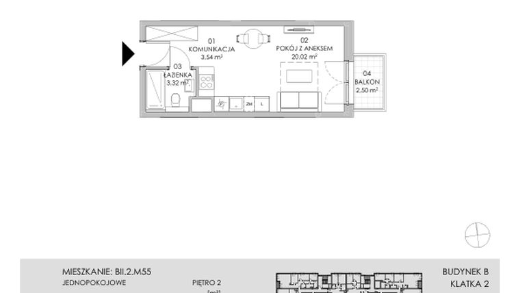 Rzut - Mieszkanie na sprzedaż 1 pokój o powierzchni 26,88 m² - numer BII.2.M55 w Przewóz 42 ATAL II