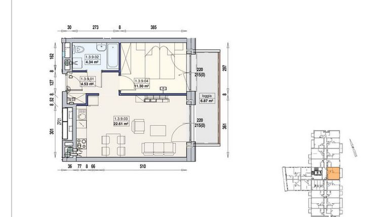 Rzut - Mieszkanie na sprzedaż 2 pokoje o powierzchni 42,78 m² - numer 1/3/9/2a w Gwarna