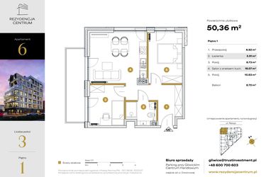 Rzut - Mieszkanie na sprzedaż 3 pokoje o powierzchni 50,36 m² - numer 6 w Rezydencja Centrum
