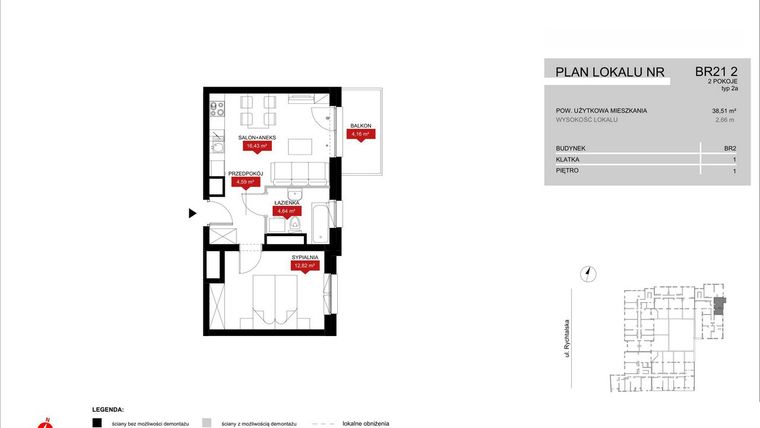 Rzut - Mieszkanie na sprzedaż 2 pokoje o powierzchni 38,48 m² - numer BR21/2 w Browary Wrocławskie 2