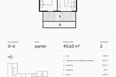 Rzut - Mieszkanie na sprzedaż 2 pokoje o powierzchni 40,63 m² - numer 0-6 w Pączka 1