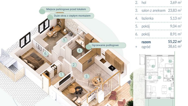 Rzut - Mieszkanie na sprzedaż 3 pokoje o powierzchni 55,22 m² - numer B.5.1 w Enklawa